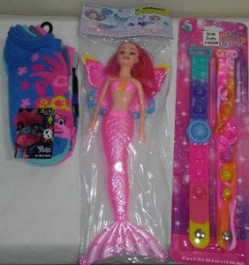 Trolls 6 Pack No Show Socks, Fidget Pop it Bracelet (2pk ),  Mermaid Doll.