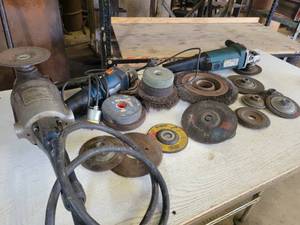 lot 179 image: Angle Grinders - 4.5 & 7 (Both Work), Assorted Discs, Wire Wheels and More