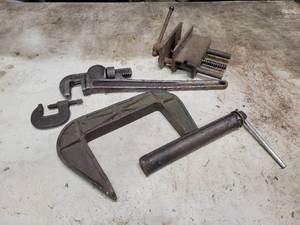 lot 232 image: RIDGID 18 Pipe Wrench, 6 C-Clamp, Vise and More