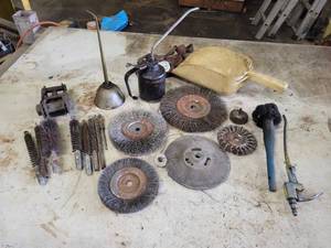 lot 270 image: Assorted Wire Wheels (Up to 8 diameter), Scoop, Air Gun, Oil Cans and More