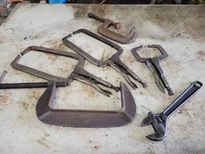 lot 271 image: (2) 18 Vise-Grip welding Clamps, 11 Vise-Grip Welding Clamp, 4 & 8 C-Clamps and J.R. Danielson Co. 12 Adjustable Wrench