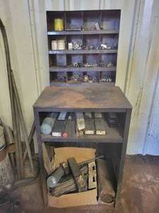 lot 154 image: Steel Parts Shelf  Cabinet with Assorted Welding Rods, Fittings and More
