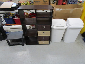 lot 26 image: Storage Shelf & Trash Cans