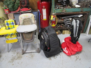 lot 64 image: Travel Bags wCar Seat & Stroller, (2) High Chairs
