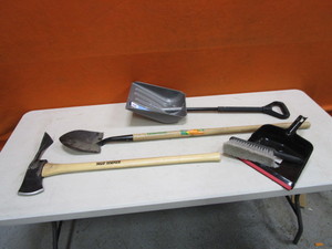 lot 129 image: Shovels, Axe, Hand Broom & Dust Pan