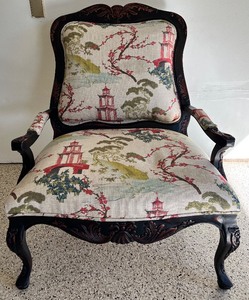 lot 206 image: Antique Vintage Carved Wood Chair with Asian Themed Upholstery