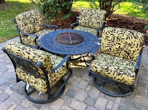 lot 1 image: HANAMINT Cast Aluminum Fire Pit Table & 4 Chairs with Cushions