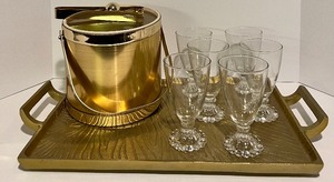 lot 128 image: Vintage Gold Ice Bucket, Gold Tray and 6 Candlewick Glasses