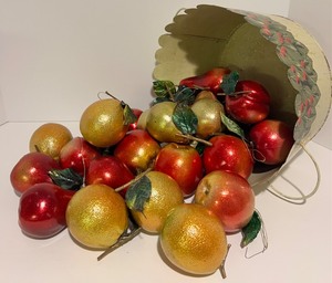 lot 133 image: Christmas Fruit Ornaments and Metal Basket
