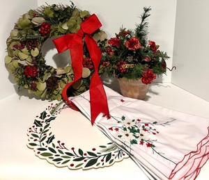 lot 134 image: Christmas Decor including Embroidered Round Tablecloth