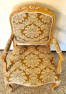 lot 220 image: Vintage Bleached Wood Upholstered French Style Armchair with Carved Wooden and Rope Accents