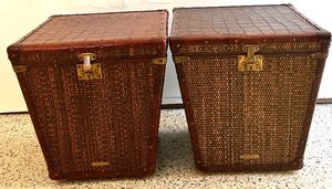 lot 231 image: BAKER FURNITURE MILLING ROAD Wicker and Leather Storage Boxes with Lock and Key