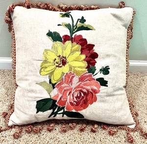 lot 159 image: Stop and Cuddle with the Roses  3 Embroidered Rose Accent Pillows with Tassels.