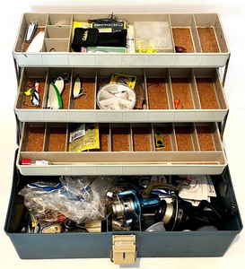 lot 247 image: Fishing Tackle Box with a SIGMA PRO, SYNERGY SUPREME, SLINGSHOT Reels, Fishing Lures and More