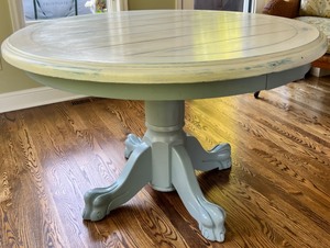 lot 71 image: Custom Painted Wood Round Table with a Pedestal Base and Claw Feet