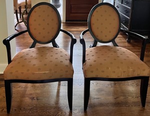 lot 16 image: BAKER - BARBARA BARRY COLLECTION Pair Silk Upholstered Captains Accent Chairs