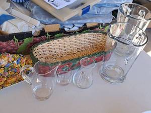 lot 1459 image: Lot of (5) Misc. Housewares and Glasswares - Clear Glass Beer Pitchers, Small Glass Pitchers
