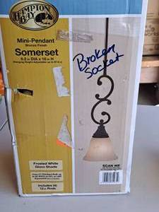 lot 1501 image: Hampton Bay Somerset BronzeFrosted White Glass Shade Hanging Light 1-bulb (in original box)