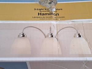 lot 1518 image: Hampton Bay Hamilton Brushed NickelFrosted White Glass Shade Vanity Light Fixture 3-bulb (in original box)