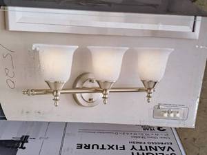 lot 1520 image: Hampton Bay Olgethorpe Brushed NickelFrosted White Glass Shade Vanity Light Fixture 3-bulb (in original box)
