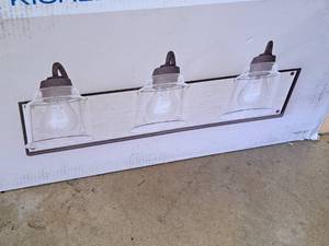 lot 1527 image: Kichler Augustine Weathered Zinc and Whitewash Fauz Wood Light Fixture 3-bulb (in original box)