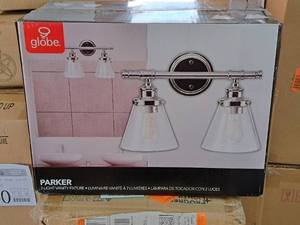 lot 1532 image: Globe Parker ChromeClear Glass Shade Vanity Light Fixture 2-bulb (in original box)