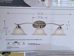 lot 1515 image: Hampton Bay Andenne Brushed NickelFrosted Marble Glass Shade Vanity Light Fixture 3-bulb (in original box)