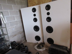 lot 302 image: CUSTOM MADE CORNER MOUNT SPEAKERS  WITH TRIPLE AMP SET UP