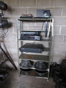 lot 307 image: SHELF WITH ELECTRONIC CONTENTS, SPEAKERS, POWER STRIPS