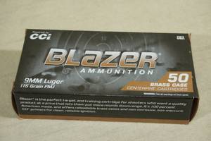 lot 174 image: 50 CCI Blazer Brass 9mm Luger 115 Gr FMJ Ammo