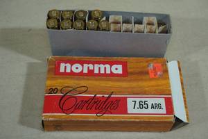 lot 181 image: 9 Norma 7.65 Argentine 150 Gr SP Ammo - Plus 10 Empty Casings