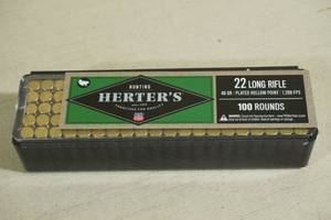 lot 199 image: 100 Herters .22 LR 40 Gr Plated HP Ammo