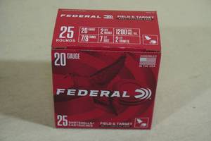 lot 222 image: 25 Federal Field & Target 20 Gauge 2-34 7.5 Shot Shotshells