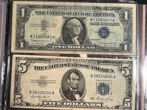 US BLUE SEAL $1 AND $5 SILVER CERTIFICATES IN BOOK