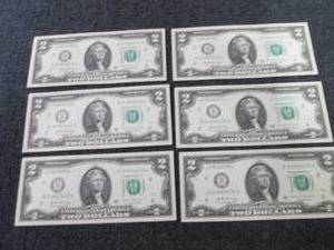 lot 491 image: 6 Uncirculated Sequential $2 Bills...