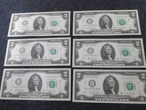 lot 500 image: 6 Uncirculated Sequential $2 Bills...