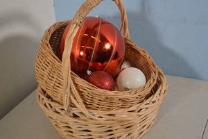 lot 38 image: 2ct Wicker Baskets with Plastic Liners  Assorted Christmas Ornaments