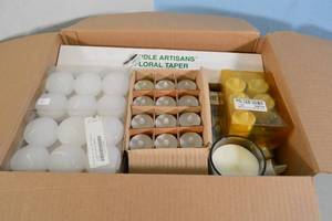 lot 67 image: Box of Assorted Candles, LED Votives, Candle Supplies, Etc.