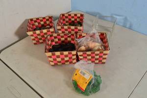 lot 90 image: Assorted Decorative Rocks, Shells Marbles  Wicker Baskets and Glass Container