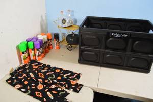 lot 188 image: Assorted Lot - Halloween Decor, Color Hair Spray, Toddler Pajama Bottoms  Collapsable Crate