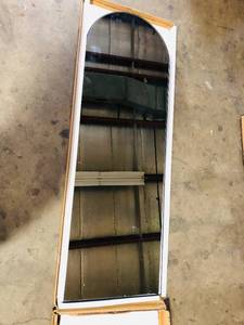 lot 46 image: PexFix 65 in. x 22 in. Modern Arched Shape Framed Black Standing Mirror Full Length Floor Mirror  Customer Returns See Pictures