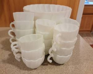 lot 56 image: Playful Milk Glass Punch Bowl Set