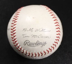 lot 78 image: 1960s Rawlings Mail Away Premium Baseball  Facsimile Signatures w Mickey Mantle & Brooks Robinson