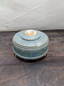 lot 84 image: Uranium Glass Candy Dish Inside Decorative Tin Container