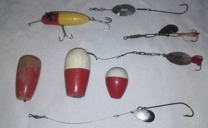 Vintage Fishing Lures And Wood Bobbers.