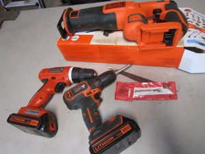 lot 131 image: B&D Reciprocating Saw, Drills, 20V Batteries, Charger
