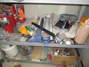 2 Shelves full of painting supplies, fire extinguishers to recharge and more