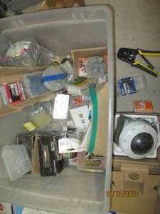 Tote filled with assorted hardware, security camera and more
