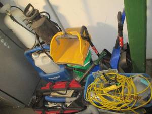 Corner lot of sprayers, shovels, floor cleaner parts and more