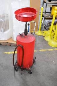 10 Gallon Red Oil Catch w Pan, Hose, and Nozzle - Oil Pan Damaged